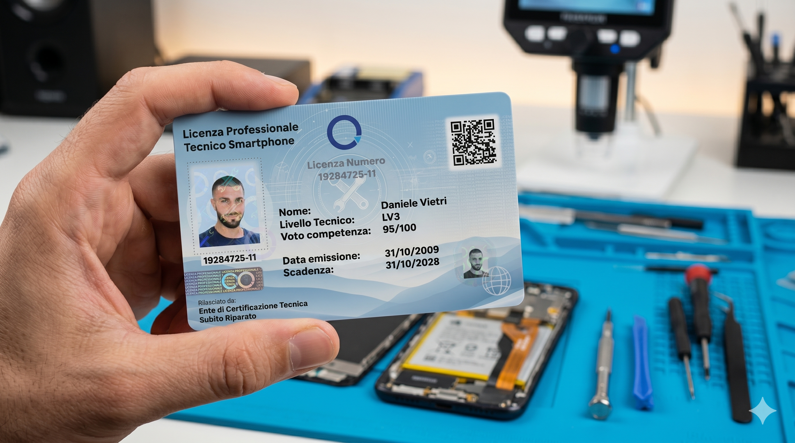 Licenza Professionale Tecnico Smartphone — esempio reale tenuta in mano in laboratorio